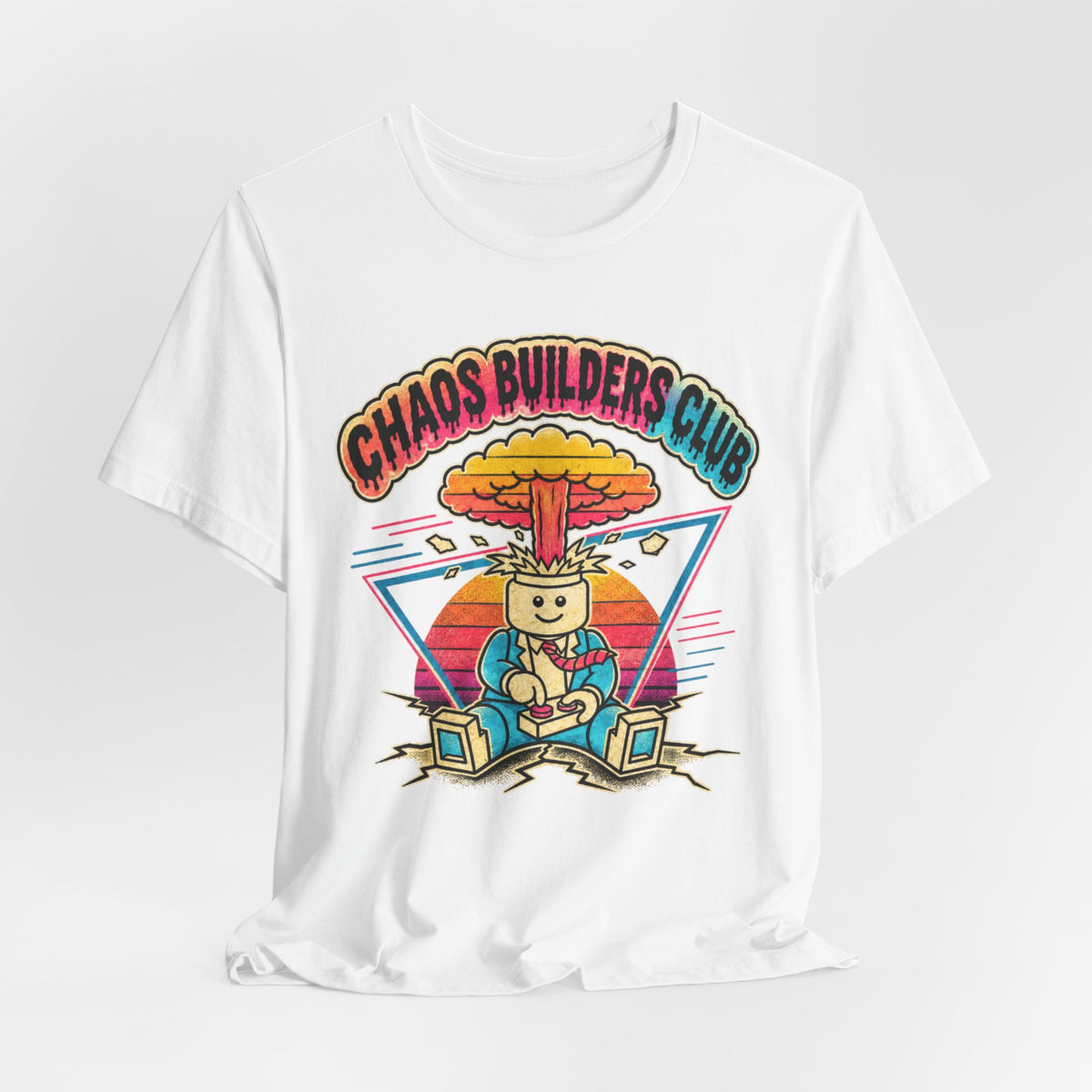 Chaos Builders Club 80s T‑Shirt — Retro Lego Head Mushroom Cloud Graphic Tee