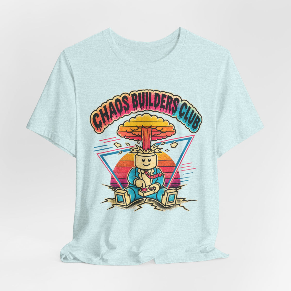 Chaos Builders Club 80s T‑Shirt — Retro Lego Head Mushroom Cloud Graphic Tee